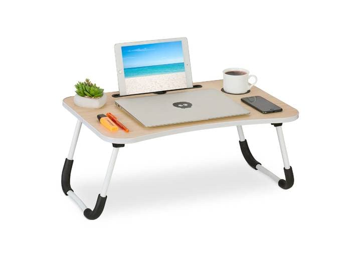 Laptoptisch mit Tablet- & Getränkehalter Weiss-Hellbraun-Schwarz