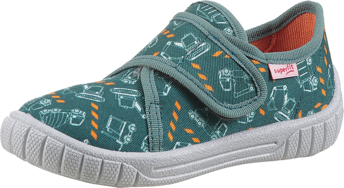 Hausschuh SUPERFIT "BILL, WMS: mittel", Jungen, Gr. 29, Baumwolle, bunt (olivgrün, orange), Textil, Schuhe Hausschuh, Kinderschuh mit Klettverschluss, Grössenschablone zum Download olivgrün, orange 29, Baumwolle