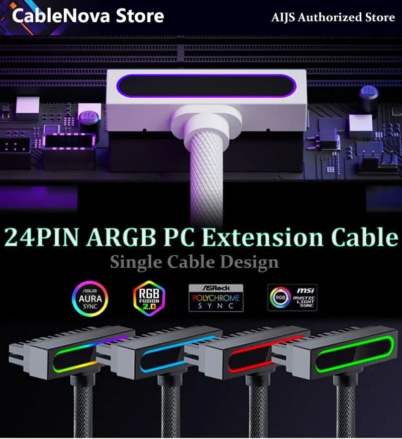 NONE ATX Motherboard 24 Pins PSU Extension for PC ARGB Light with 5V 3Pin 90° Right-Angle 30cm PC CPU Cable Set One-Wire Connection