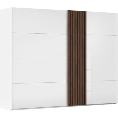 Schwebetürenschrank RAUCH "Kleiderschrank Schrank Garderobe Wäscheschrank TEGIO", weiß (alpinweiß, glas kristallweiß, absetzungen nussbaum), B:281cm H:223cm T:69cm, Holzwerkstoff, Schränke, Schwebetürenschrank, mit hochwertigen Holzdekoraufleistung...