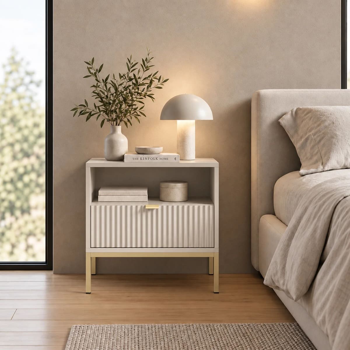 garneroarredamenti Comodino 54x56h cm cannettato 1 cassetto moderno beige cashmere Alisa