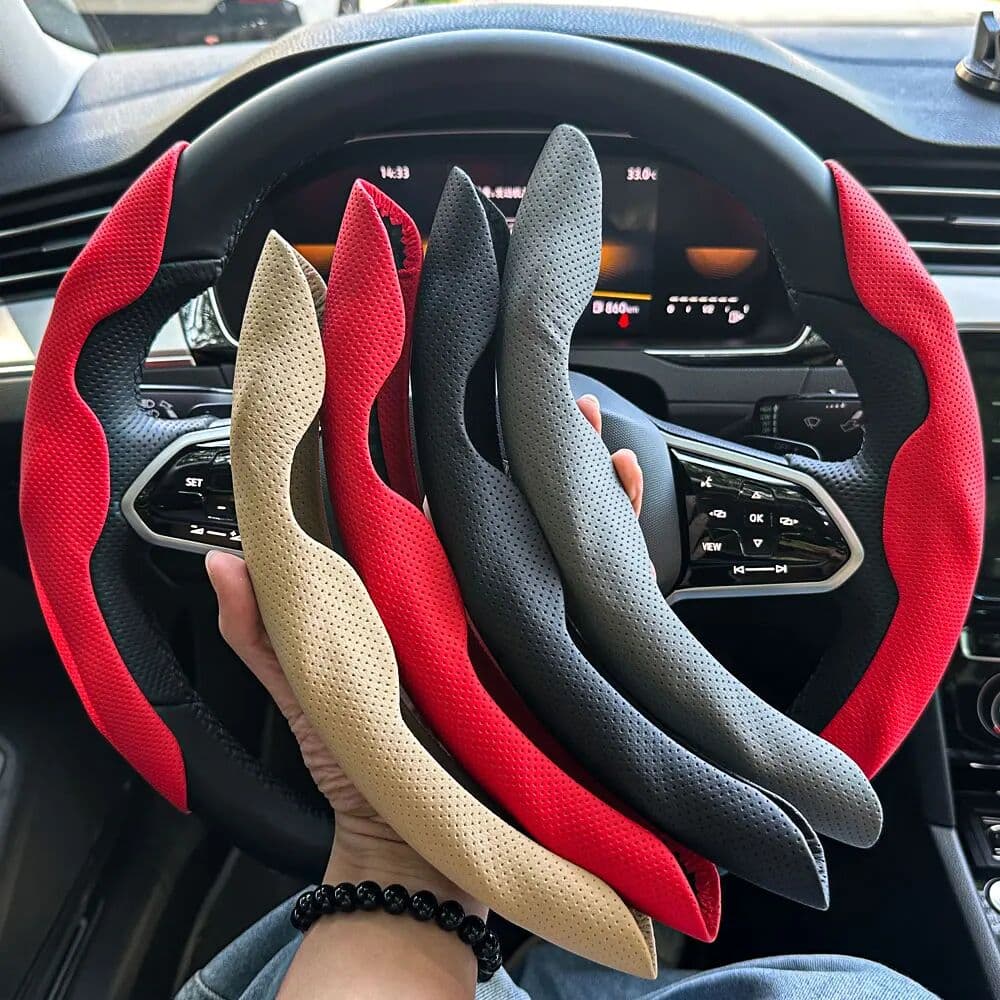 NONE Universal D-shaped Round Car Steering Wheel Cover Ventilation Hole Leather Absorb Sweat Anti-slip Decoration Accessories 15inch