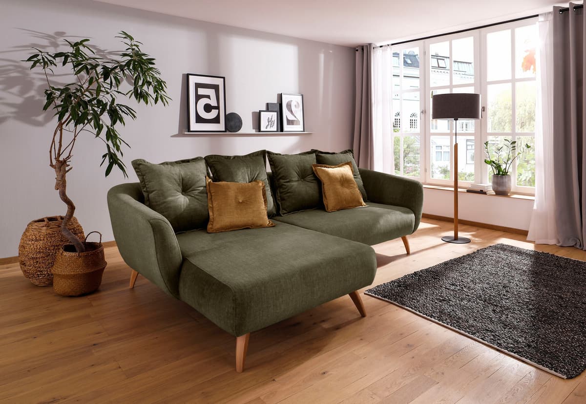 Ecksofa HOME AFFAIRE "Baggio formschön & zeitlos romantisch, bequem, Breite 277cm, L-Form", grün, B:277cm H:80cm T:162cm, Sofas, Ecksofa, Zierkissen inklusive
