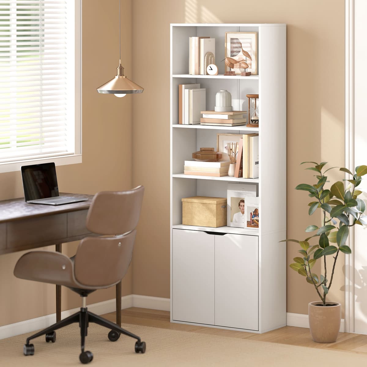 Homcom Libreria Moderna 4 Ripiani con Armadietto a 2 Ante in Legno, Mobile Multiuso per Soggiorno, Ufficio e Studio, 59x29x180cm, Bianco Aosom