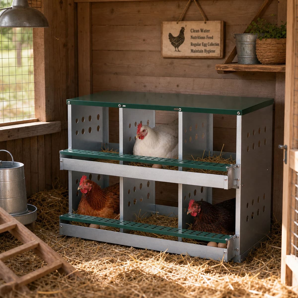 NONE 6-Hole Double Layer Chicken Nesting Box 81×33×62cm Heavy-Duty Galvanized Steel Poultry Laying Box with Weatherproof Green Roof, Ventilation Holes, Wall-Mount Egg Nest Box for Backyard Coop