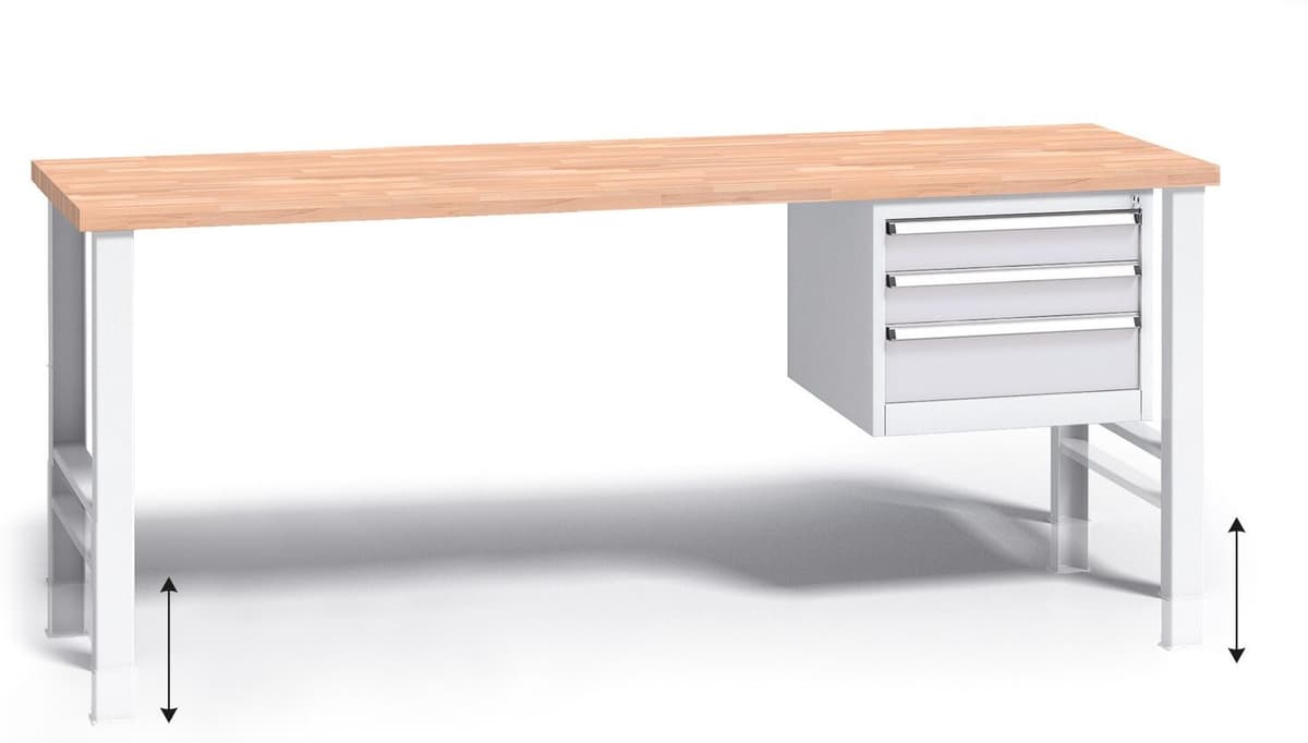 B2B Partner Stół warsztatowy z regulacją wysokości G3, 2000 x 685 x 840-1050 mm, 1x 3 szufladowy kontener, szary