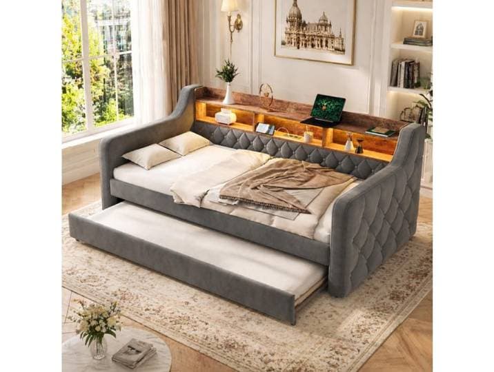 Canapé-lit gigogne 1 place 90×190 cm étagère intégrée LED et USB-C - MEUNIQ - sans matelas velours gris