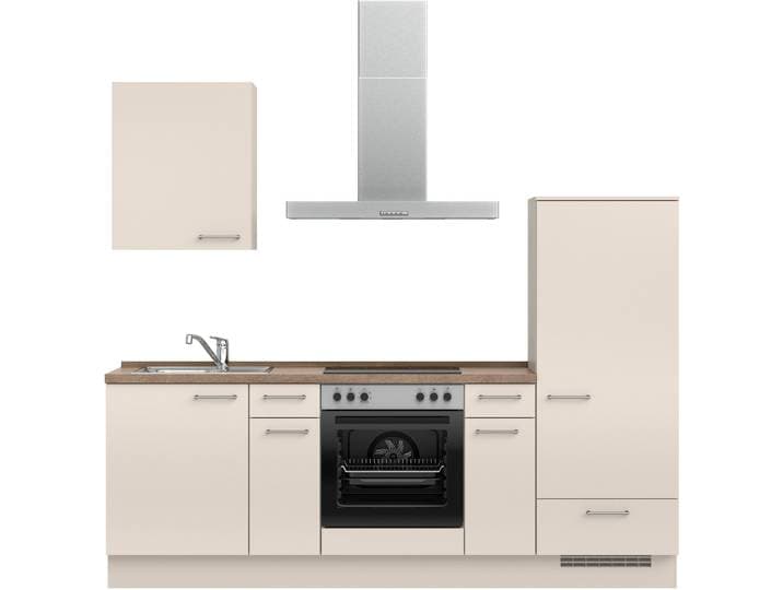 Küchenzeile NOBILIA Laser I , NEU: individuell anpassbar mit gratis Profi-Beratung , beige (küche: natur, korpus: sandfarben, arbeitsplatte: eiche havanna nachbildung), B:240,3cm H:216,6cm T:60cm, Komplettküchen-Sets, Küchenzeile, vormontiert, 240 cm breit, optional mit verschiedenen E‑Geräte-Sets