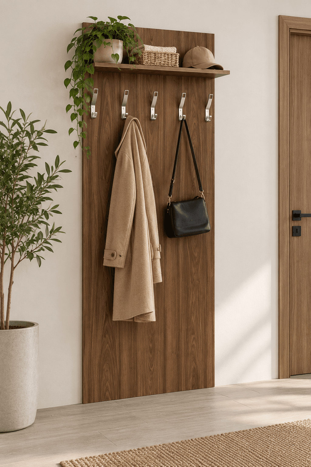 B2B Partner Garderoba z wieszakami PRIMO WOOD, 5 haczyków, półka, tekstura drewna pionowa, orzech