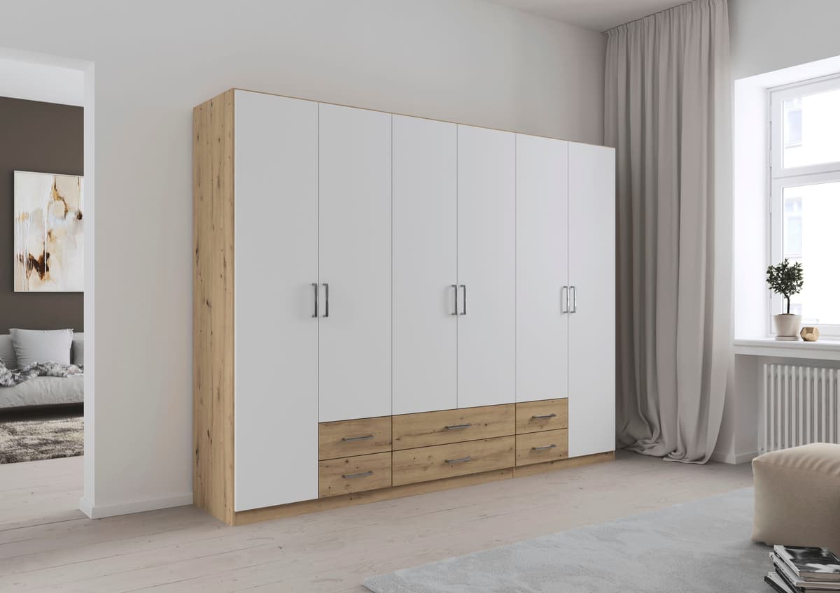 Drehtürenschrank RAUCH "Kleiderschrank Garderobe GAMMA Breiten 271 cm", weiss (eiche artisan, alpinweiß, griffe chrom), Schränke, Kinder, B/H/T: 271cm x 210cm x 54cm, Basic, Holzwerkstoff, Drehtürenschrank, mit Schubladen, verschiedene Griff-Varianten TOP