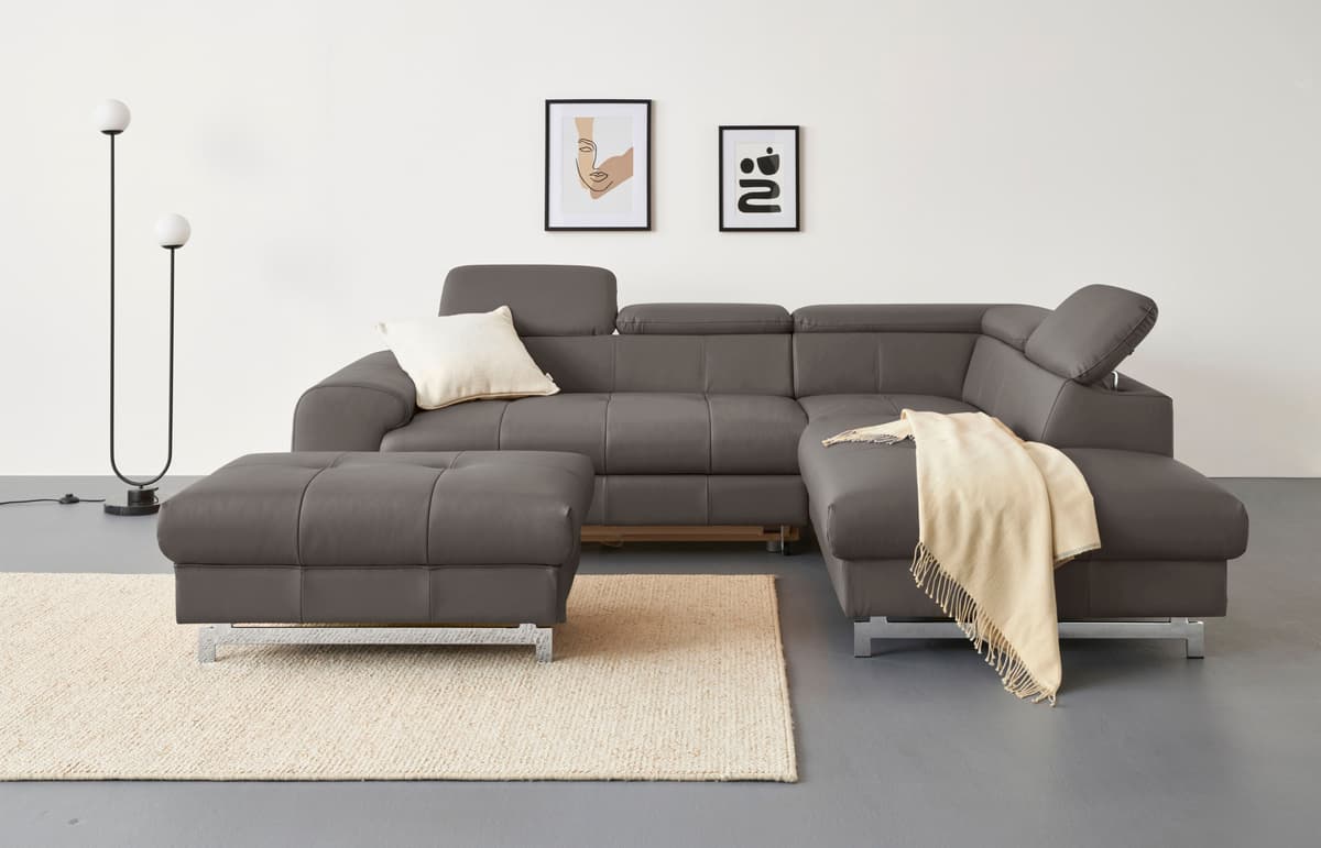 Ecksofa COTTA "Chef L-Form, B: 257cm, Leder, inkl. Kopfteilverstellung", braun (cocoa), B:257cm H:72cm T:206cm, Luxus-Microfaser (100% Polyester);Kunstleder Softlux;Leder Advantage (abgedecktes Spalt-Rindsleder), Rückseite mit schwarzem Spannstoff bezogen