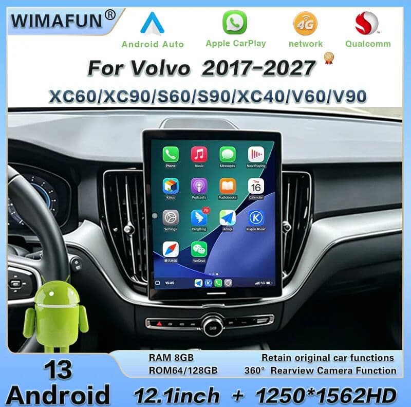 WIMAFUN 12.1 Inch for Volvo XC40/XC60/XC90/S60/S90/V60/V90 2017-2027 CarPlay Android Radio Smart Screen with GPS Multimedia Player