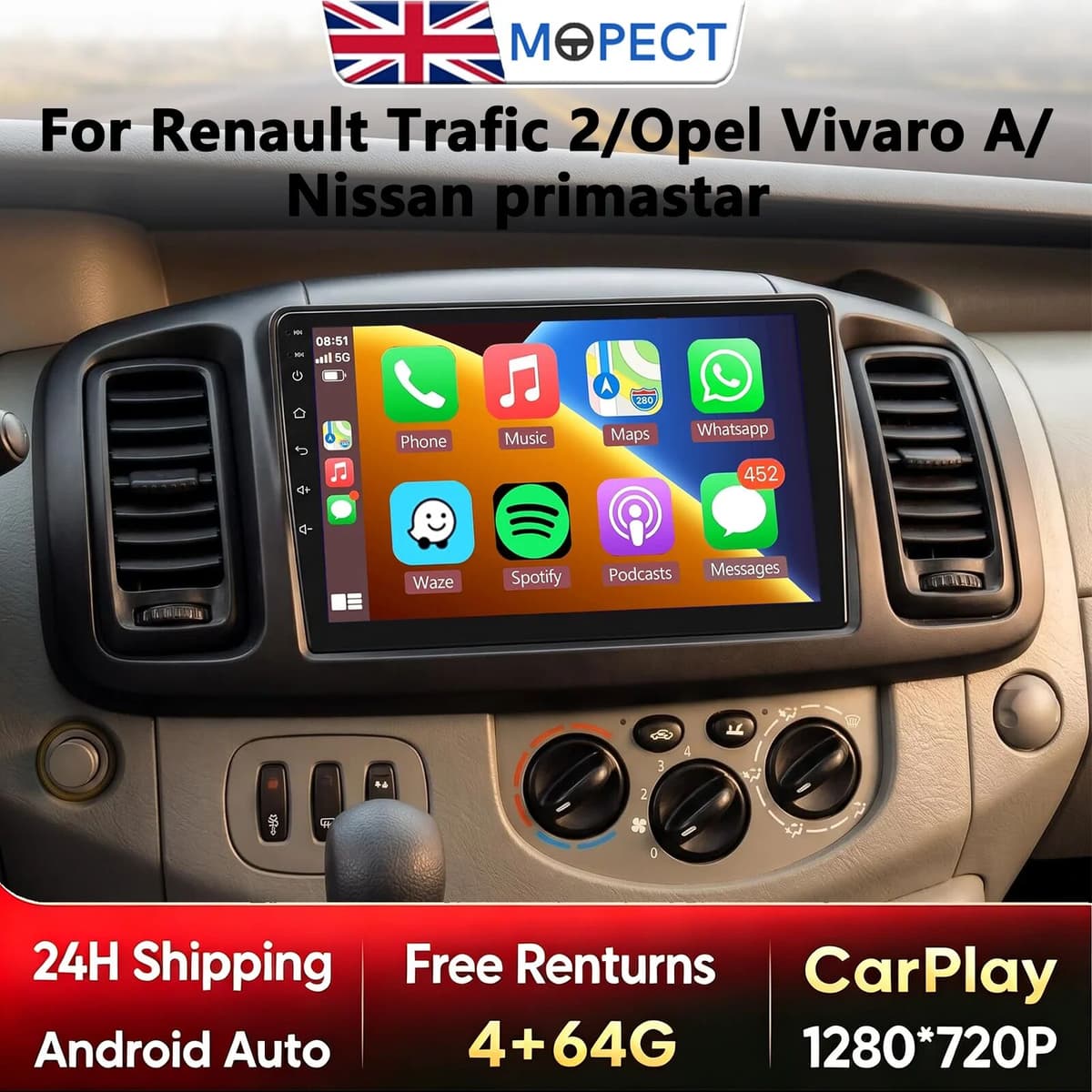 Mopect Dab+ Car Radio for Renault Trafic 2 for Opel Vivaro a for Nissan Primastar 2001 - 2014 Navigation Gps Carplay Android Auto 4g No 2Din Dvr