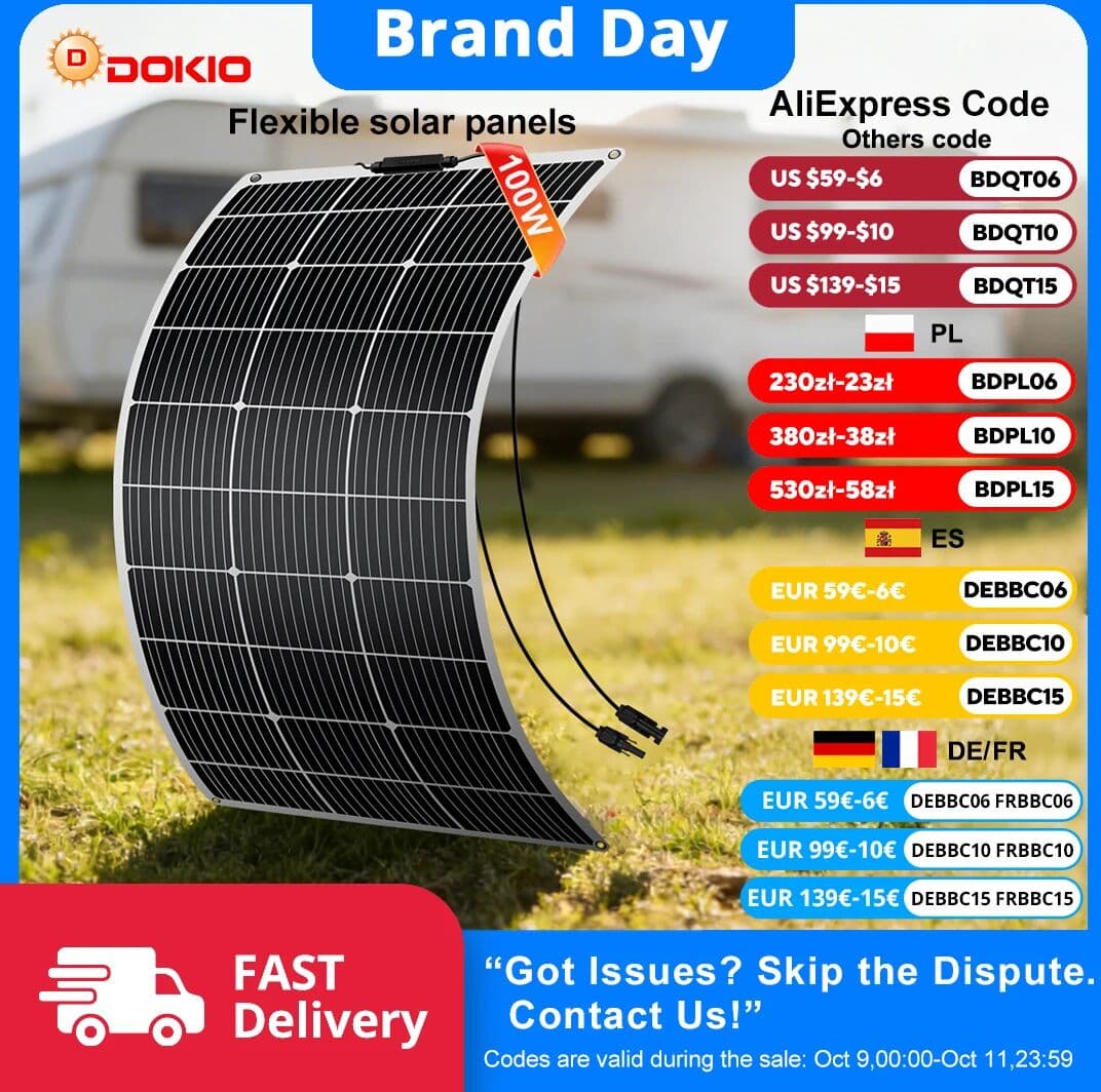 DOKIO 100W Flexible Monocrystalline Solar Panel Kit 18V / 8m Cable   Waterproof 12V Battery Charger for Car, Home, RV