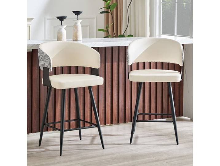 Tabouret de bar moderne - Ensemble de 2 tabourets - Blanc - Cuir synthétique - Structure en métal - Repose-pieds intégré