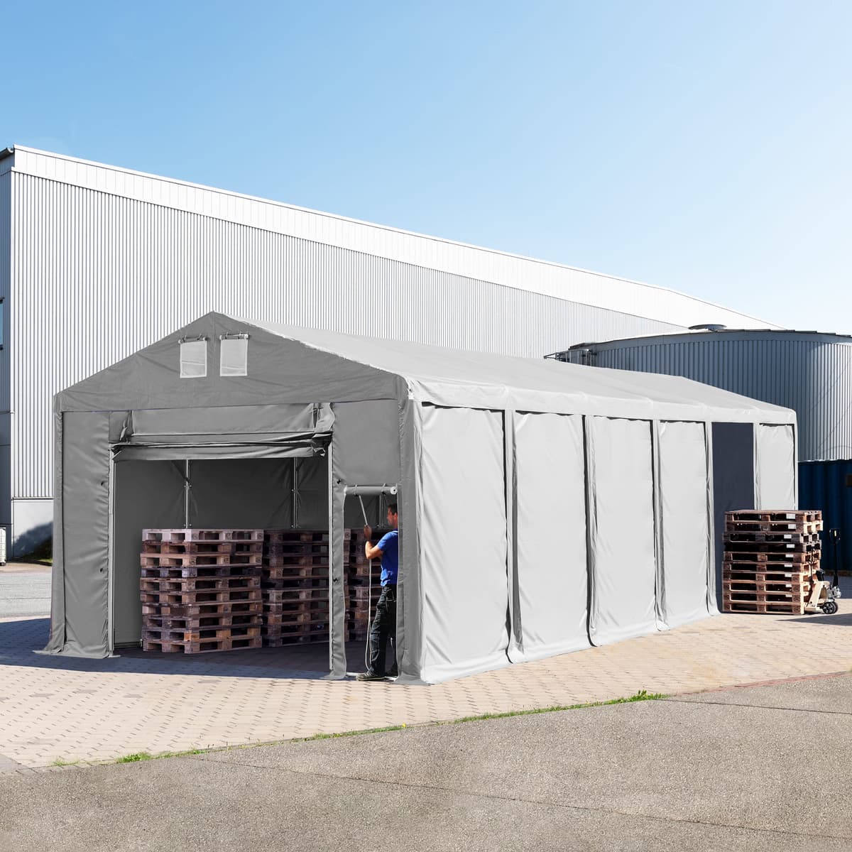 TOOLPORT Ipari sátor, 6x12m, PVC ponyva, szürke, padlókerettel, statikai megerősítéssel (föld alap) - (93797)