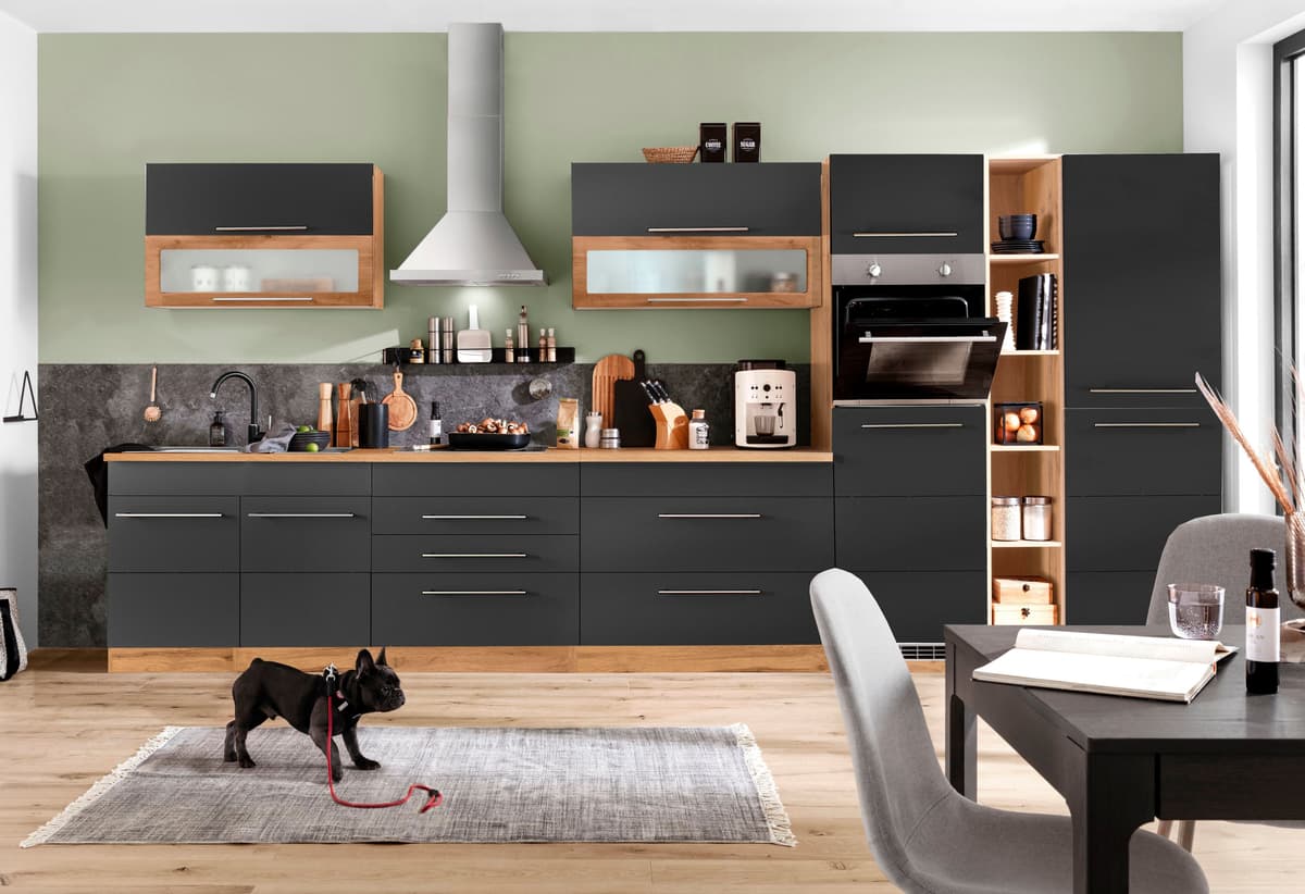 Küchenzeile KOCHSTATION "KS-Wien", schwarz (küche: grau, front: anthrazit, korpus: wotaneichefarben, arbeitsplatte: wotaneichefarben), B:430cm T:60cm, Komplettküchen-Sets, Küchenzeile, Breite 430 cm, wahlweise mit E-Geräten und Induktion