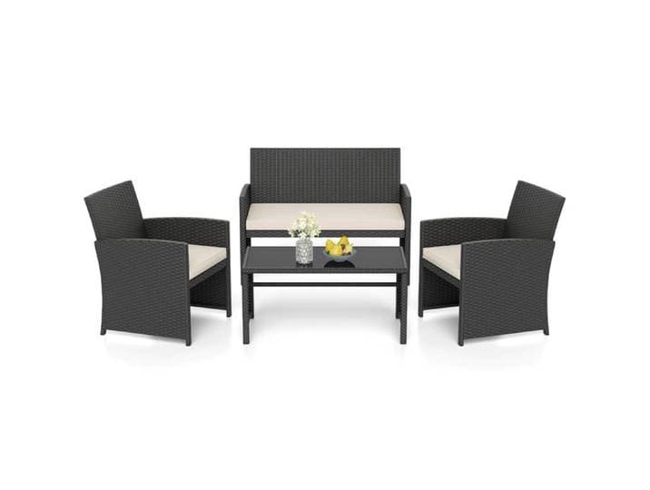 GIANTEX Salon de Jardin Exterieur en Rotin PE 4 Pièces Canapé 2 Places 2 Fauteuils Table Basse avec Plateau en Verre Blanc