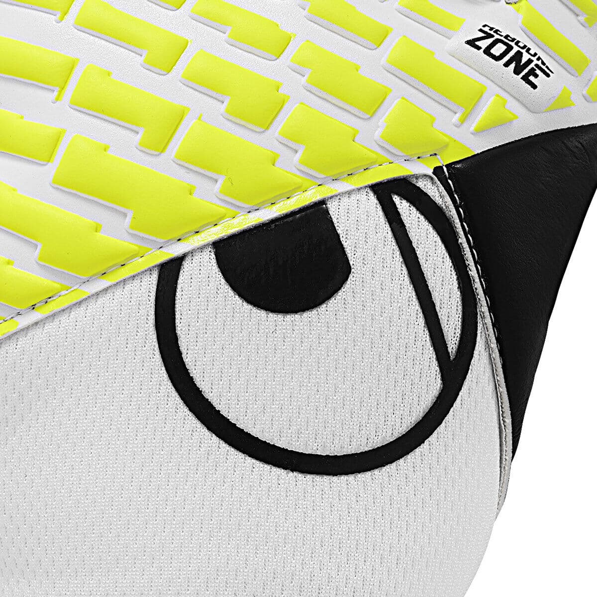 Torwarthandschuhe UHLSPORT "Torwarthandschuhe FM Absolutgrip HN Pro Jr.", Kinder, Gr. 6, weiß (weiß, schwarz, fluo gelb), Obermaterial: 81% Gummi rubber. 13% Polyester PES. 6% Nylon NY., Handschuhe Torwarthandschuhe