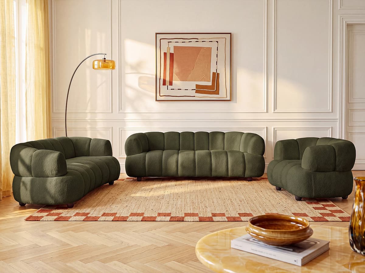 Vente-unique 3-Sitzer-, 2-Sitzer-Sofa und Sessel aus Bouclé-Stoff in Grün COLIANI 25795378