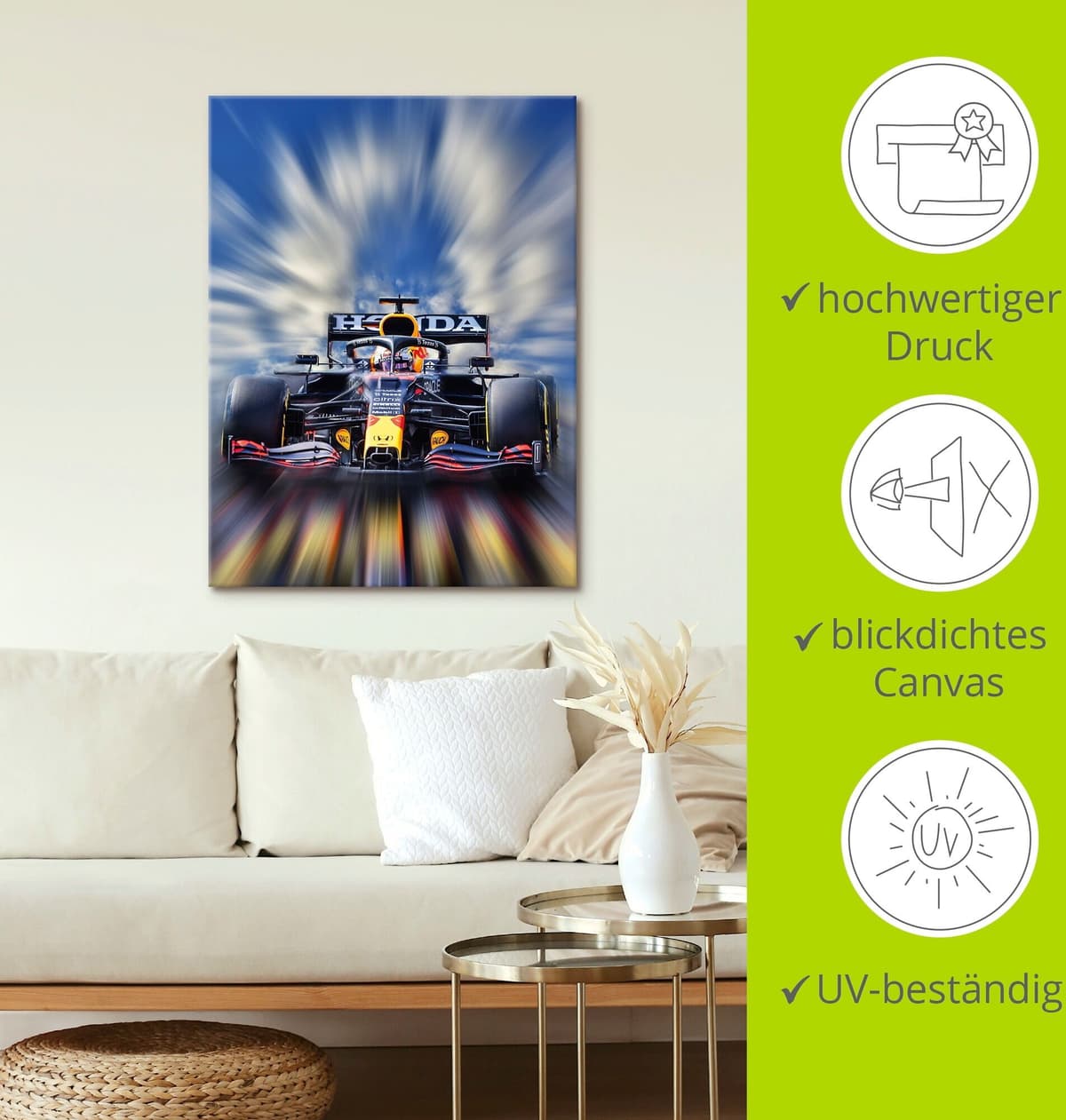 Wandbild ARTLAND "Max Verstappen - Weltmeister der Formel1", blau (farbe bild(er): blau), B:45cm H:60cm, Bilder, Wandbild, als Alubild, Leinwandbild, Poster in verschied. Grössen farbe bild(er): blau B/H/T: 45cm x 60cm, Leinwandbild Auto Hochformat, 1 Stk