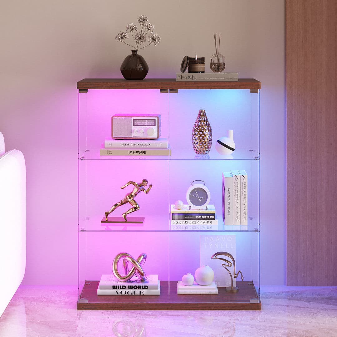 Vlsrka Glass and Solid Wood 73 cm W Display Cabinet with Lighting Brown 88cm H X 73cm W X 35cm D
