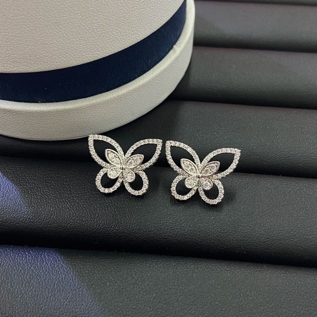 MELIZZ S925 Sterling Silver Full-Diamond Three-Dimensional Butterfly Women's Earrings CNC Plated 18K White Gold Butterfly Ear Nail