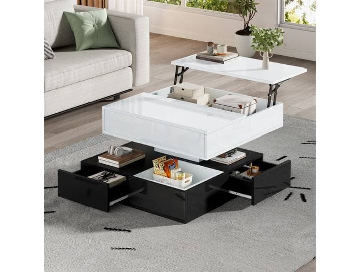 Table basse design blanc/noir relevable et rotative - Plateau 360° 3 tiroirs Géométrique et brillante pour salon moderne