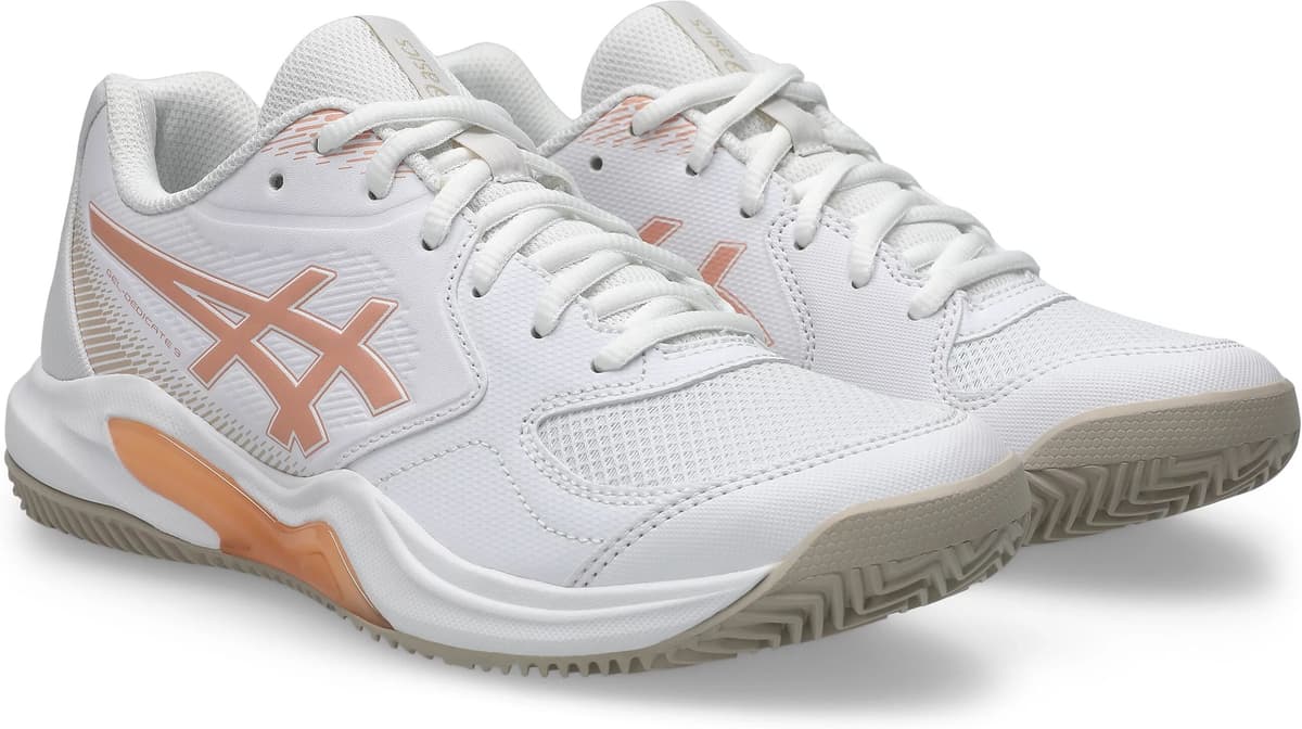 Tennisschuh ASICS "GEL-DEDICATE 9 CLAY", Damen, Gr. 40,5, rosa (weiß, cantaloupe), Synthetik, Schuhe Tennisschuh, Sandplatzschuhe für Ascheplätze weiß, cantaloupe 40,5
