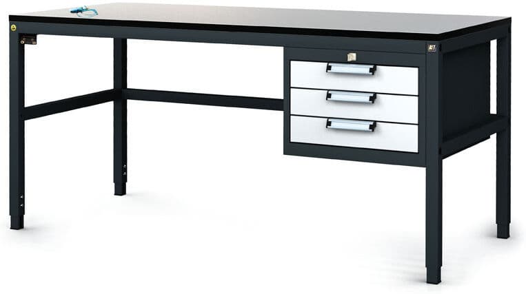 Alfa 3 Antistatický dielenský ESD stôl, 3 zásuvkový box na náradie, 1600x800x745-985 mm