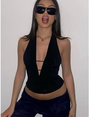 Daily Discovery Halter Crop Top Deep V Neck Hollow Out Summer Clubwear For Women m