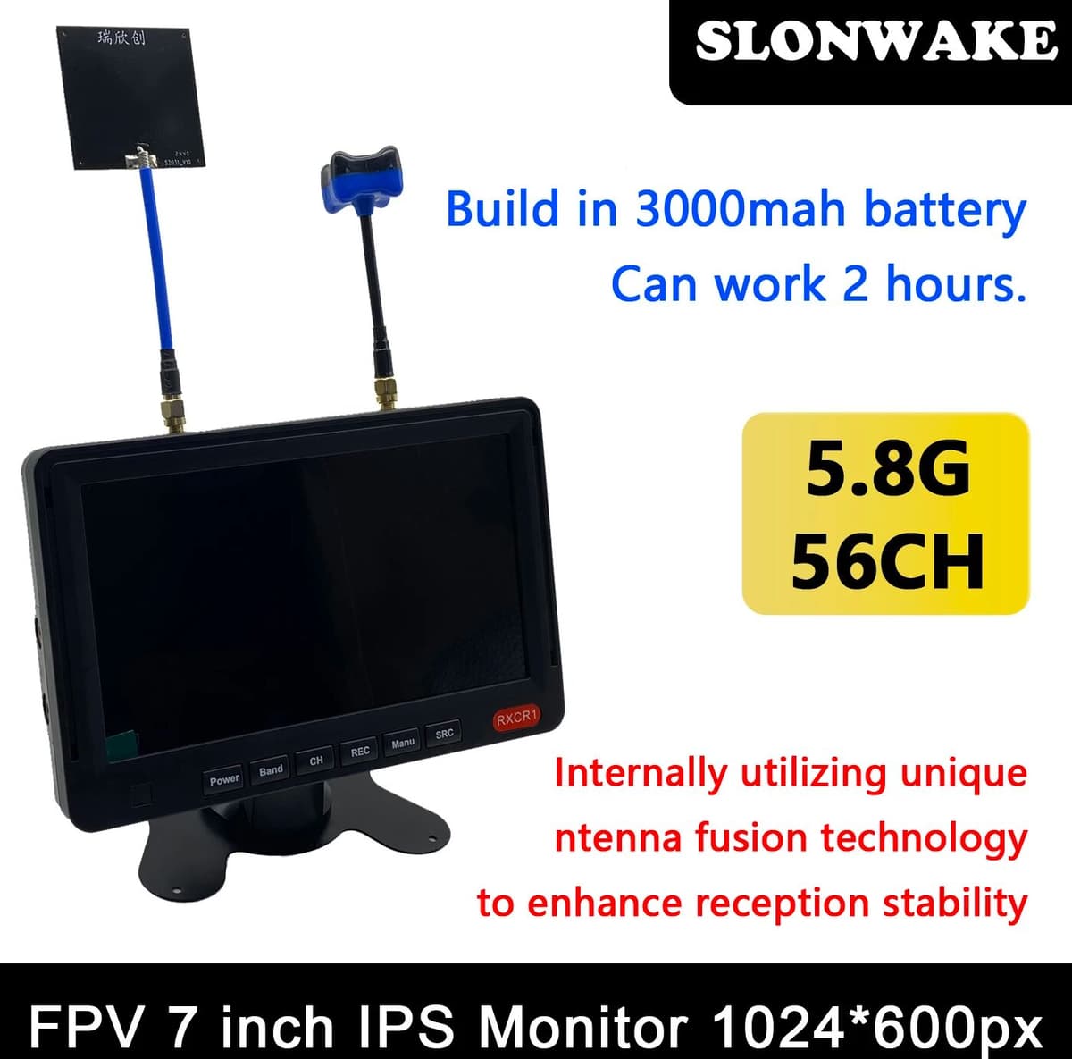 SLONWAKE 5.8G 48CH 7 Inch FPV Monitor 1024*600px Build-in Battery and 400mW adjustable VTX Transmitter all in one cmos 1500TVL fpv camera