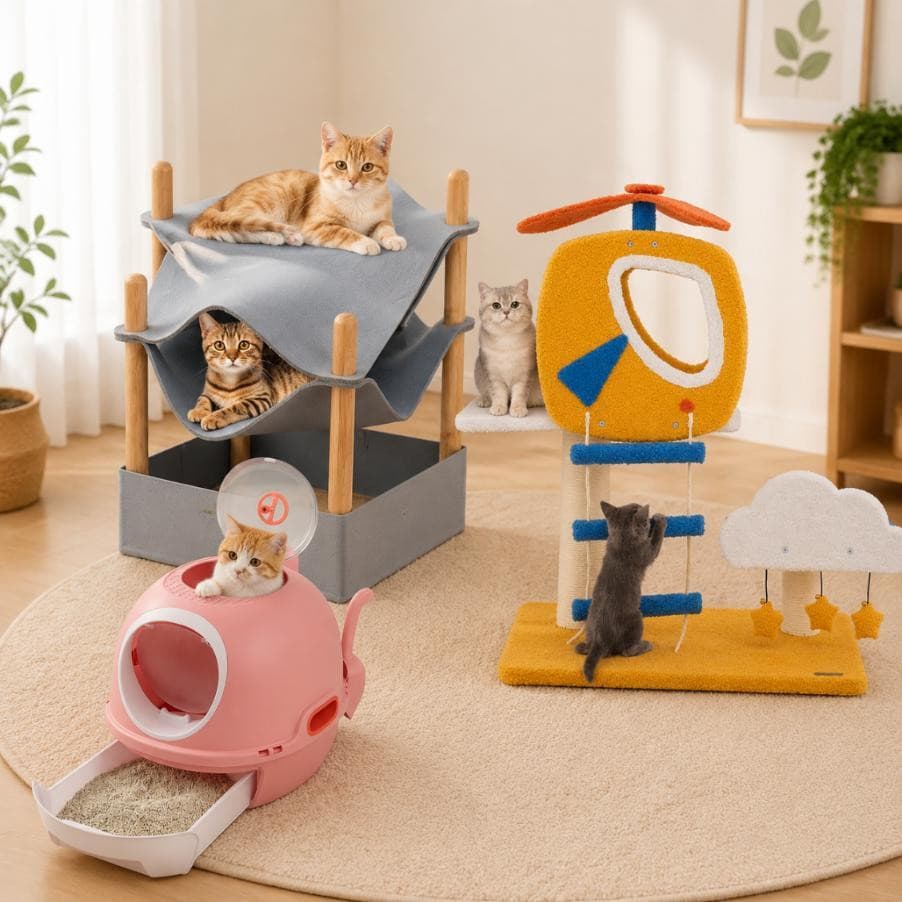 Northio 3-delige thematische meubelset voor katten met helikopter krabpaal, afgesloten kattenbak en bamboehuisje
