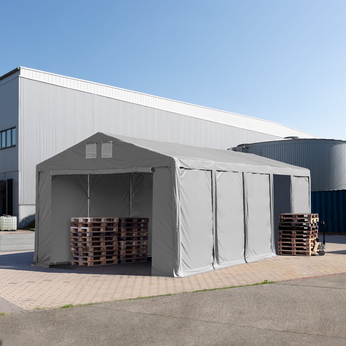 TOOLPORT Ipari sátor, 5x10m, PVC ponyva, szürke, padlókerettel, statikai megerősítés nélkül - (79804)