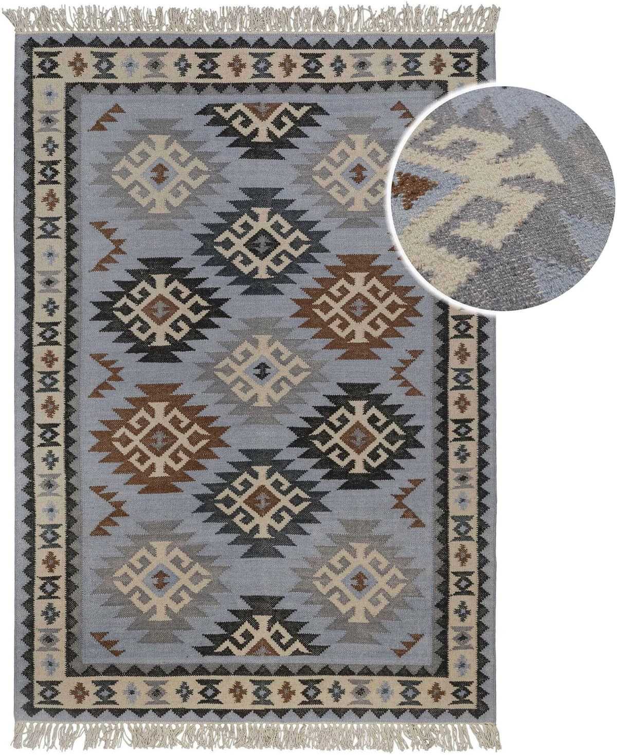 Wollteppich GREEN LOOOP "Blancard", blau (hellblau), B:140cm H:5mm L:200cm, Wolle, Teppiche, Wollteppich, Fransen, Kelim, handgewebt, Natur, Wohnzimmer, Schlafzimmer, Ethno hellblau B : 140cm 1 Stk., 5mm, L: 200cm