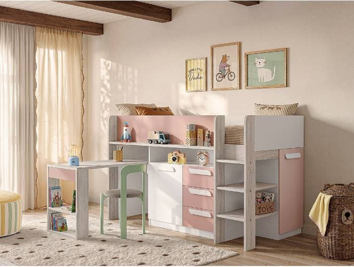 Combinatiebed - 90 x 200 cm - Met bureau en opbergruimte - Roze, houteffect en wit - LOUKALA