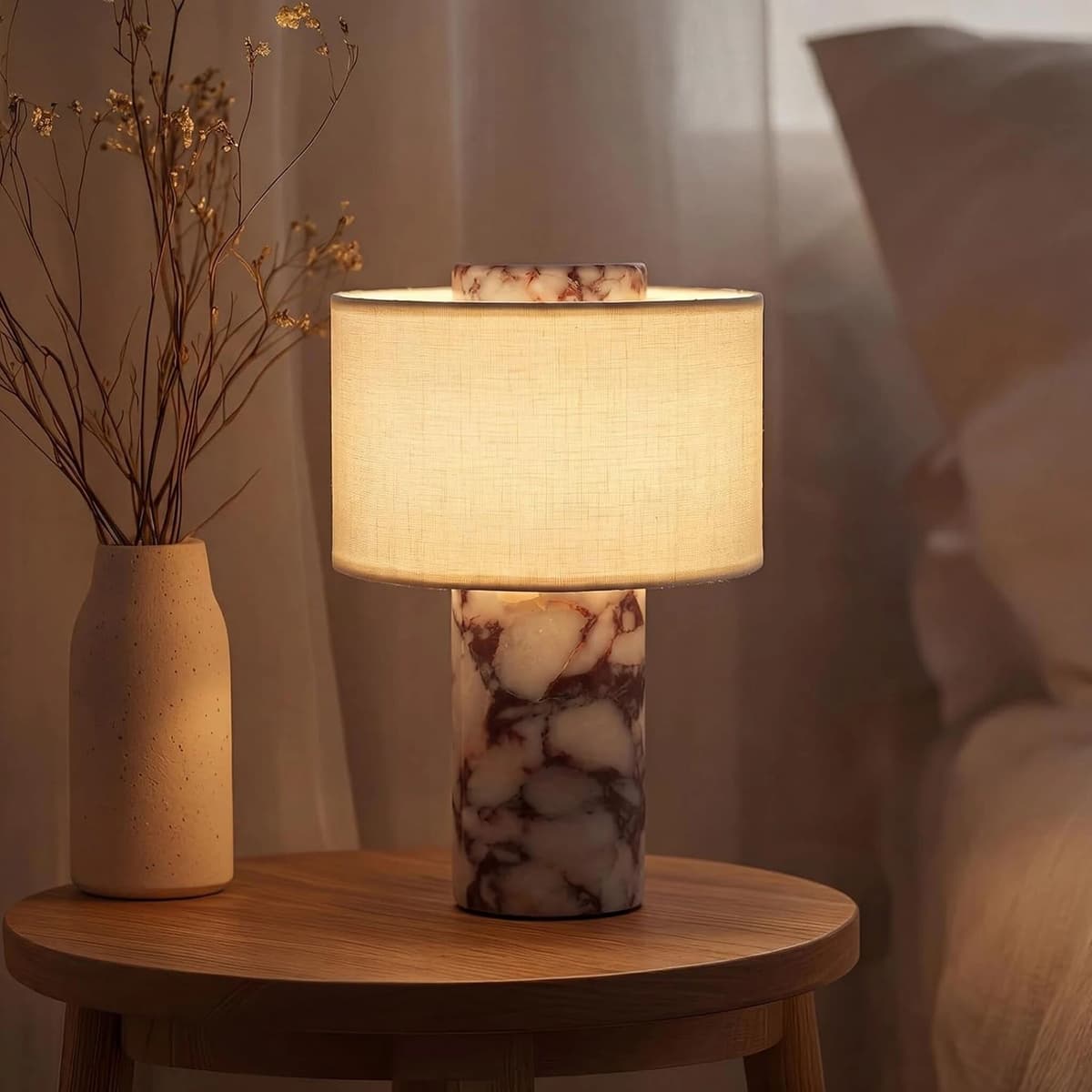 LINCCW Luxury Marble Table LampTable  Rechargeable Touch Lamp Fabric Shade Wireless Desk Light Bedroom Hotel Bar Night Light Home Decor