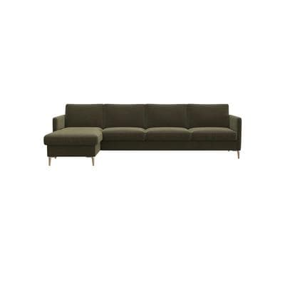 Ecksofa FLEXLUX "Fiore, super Sitzkomfort durch Kaltschaum im Sitz, L-Form", grün (moss grün), B:280cm H:85cm T:159cm, 100% Polyester, Sofas, Ecksofa, schmale Armlehnen, Füße Alu+ Eiche