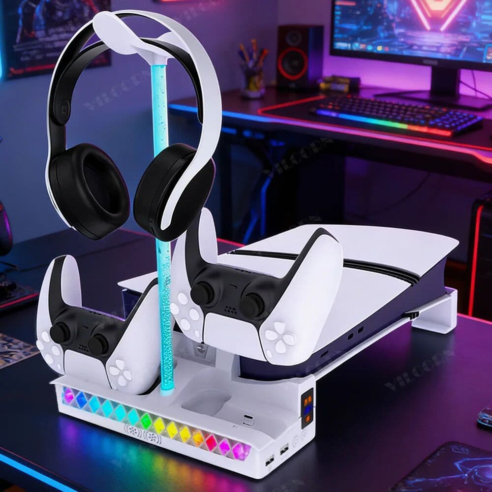 VILCORN Flush-Mount PS5 Slim/Pro Horizontal Stand with Ambient RGB, Low-Profile Cooling Station Blends Seamlessly into TV Unit