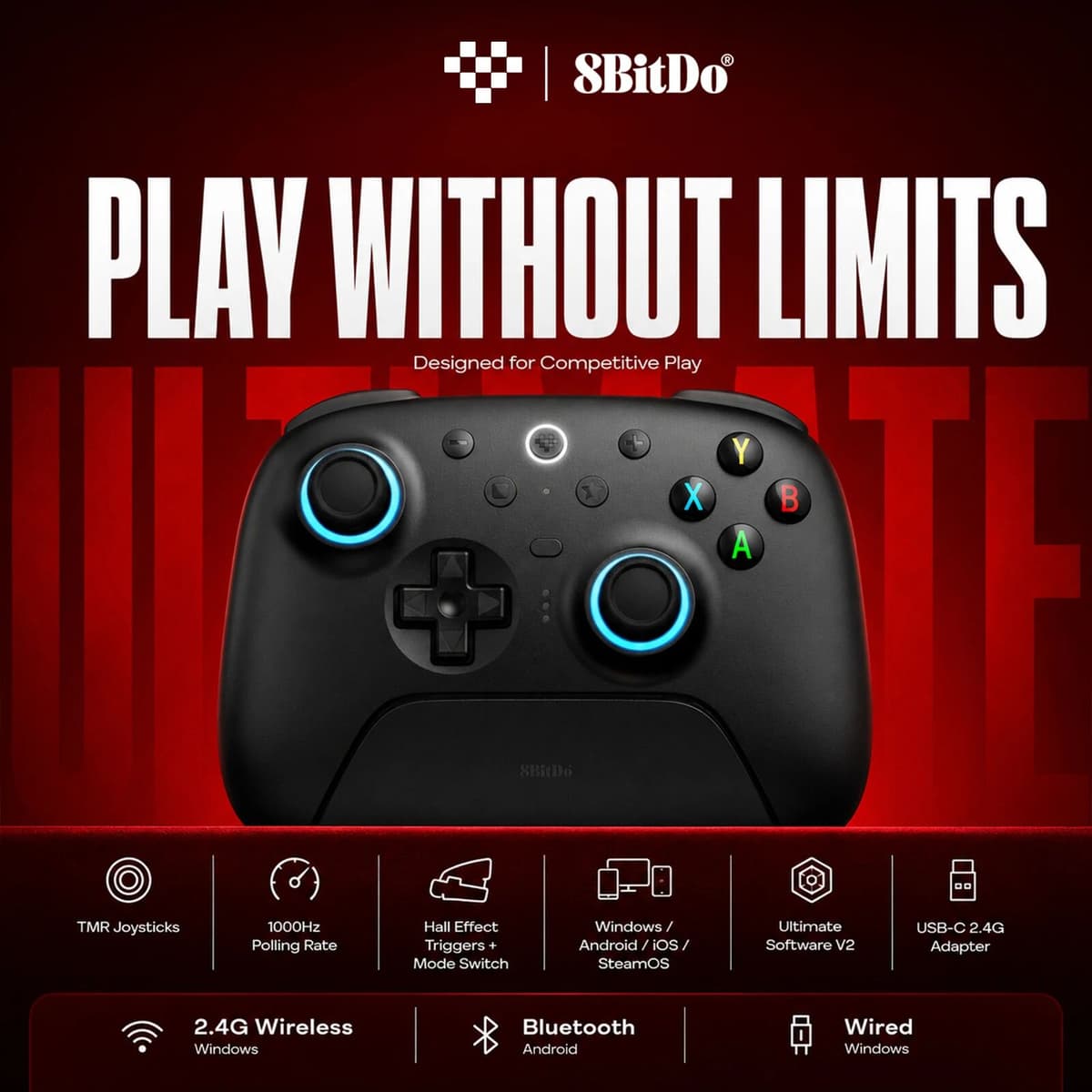 8BitDo Ultimate 2 Wireless Gaming Controller TMR Joysticks Hall Effect Triggers with Charging Dock for iOS Steam Android Gamepad