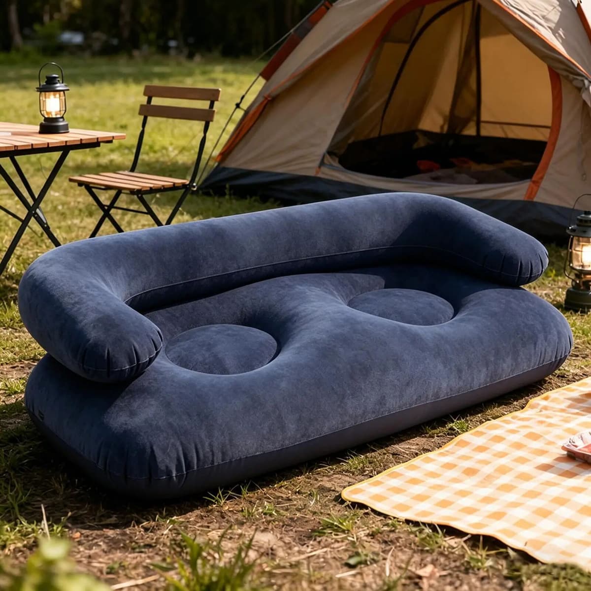 NONE Inflatable Double Sofa Flocking Portable Air Couch Lazy Sofa Lounge Furniture For Outdoor Camping Home Living Room