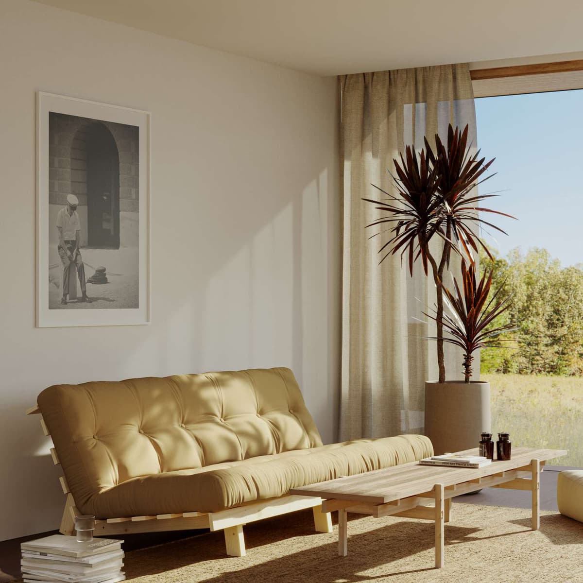 Schlafsofa KARUP DESIGN "Lean 200 Schlafsofa, Gästebett, Sofa mit Futonmatratze", beige, B:200cm H:73cm T:100cm, Bezug: 80% Baumwolle, 20% Polyester, Sofas, Schlafsofa, Inkl. Futonmatratze, Liegefläche 130x200 cm, FSC zertifizierte Kiefer