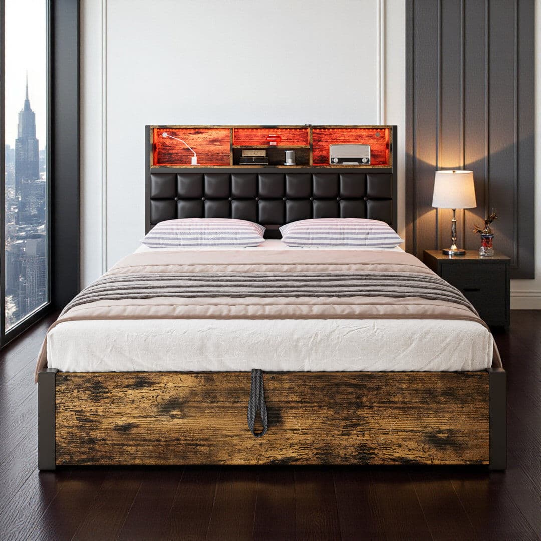 Harriet Bee Upholstered Faux Leather Lift Up Storage Bed Frame Black Double (4'6)