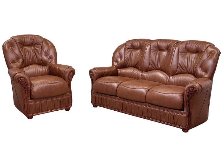 Vente-unique Driezitsbank en fauteuil DAPHNE van 100% buffelleer - Bruin