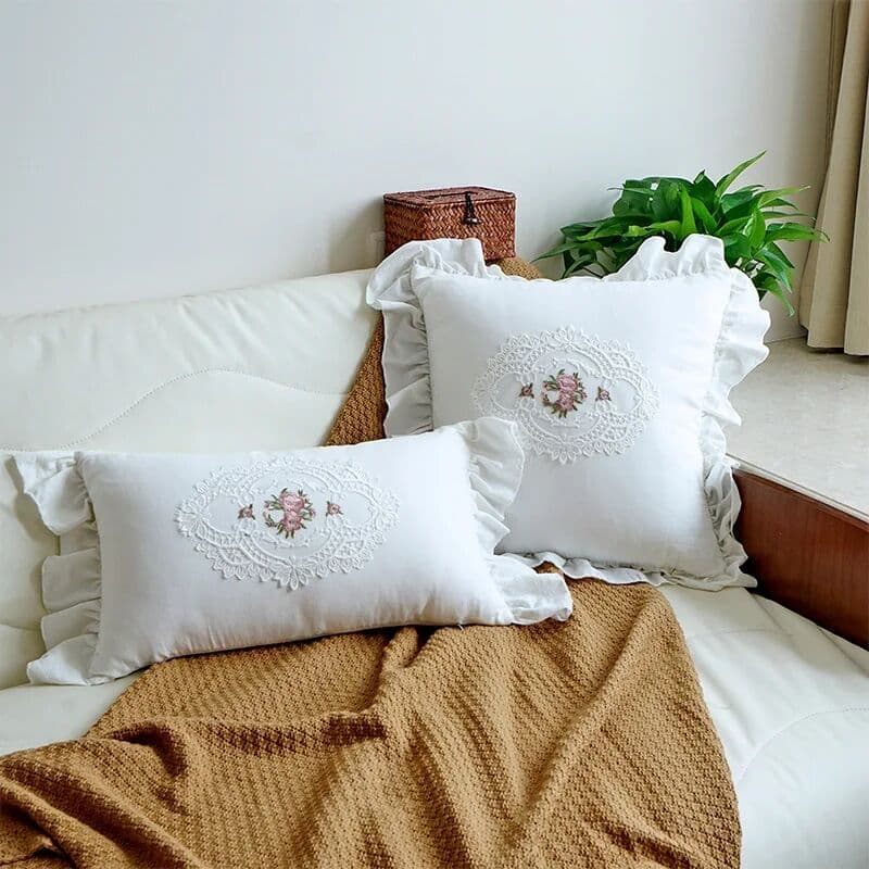 NONE Luxury White Cotton Pillow Cover with Pink Floral Embroidery Lace and Ruffle Trim Elegant French Chic Cushion Cover for Sofa