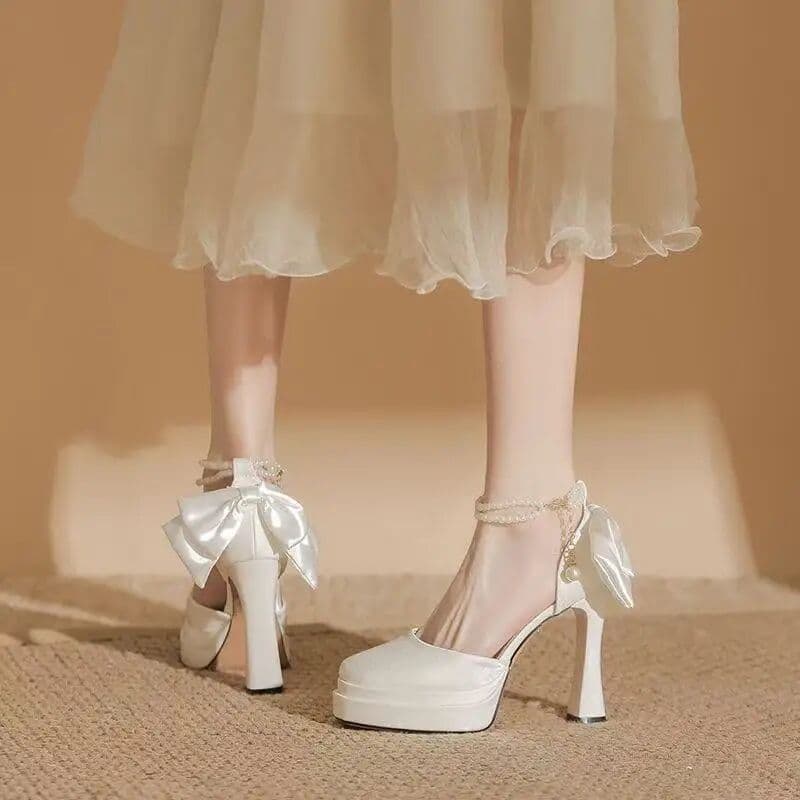 others Large Size Single Shoes with Pearl Waterproof Platform High Heels Satin Wedding Shoes Fairy Thick Heel Strap Sweet Style Summ...