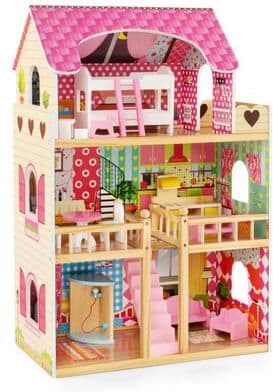 Costway Doll House Playset with 3 Stories and 6 Simulated Rooms and 15 Pieces of Furniture-Pink