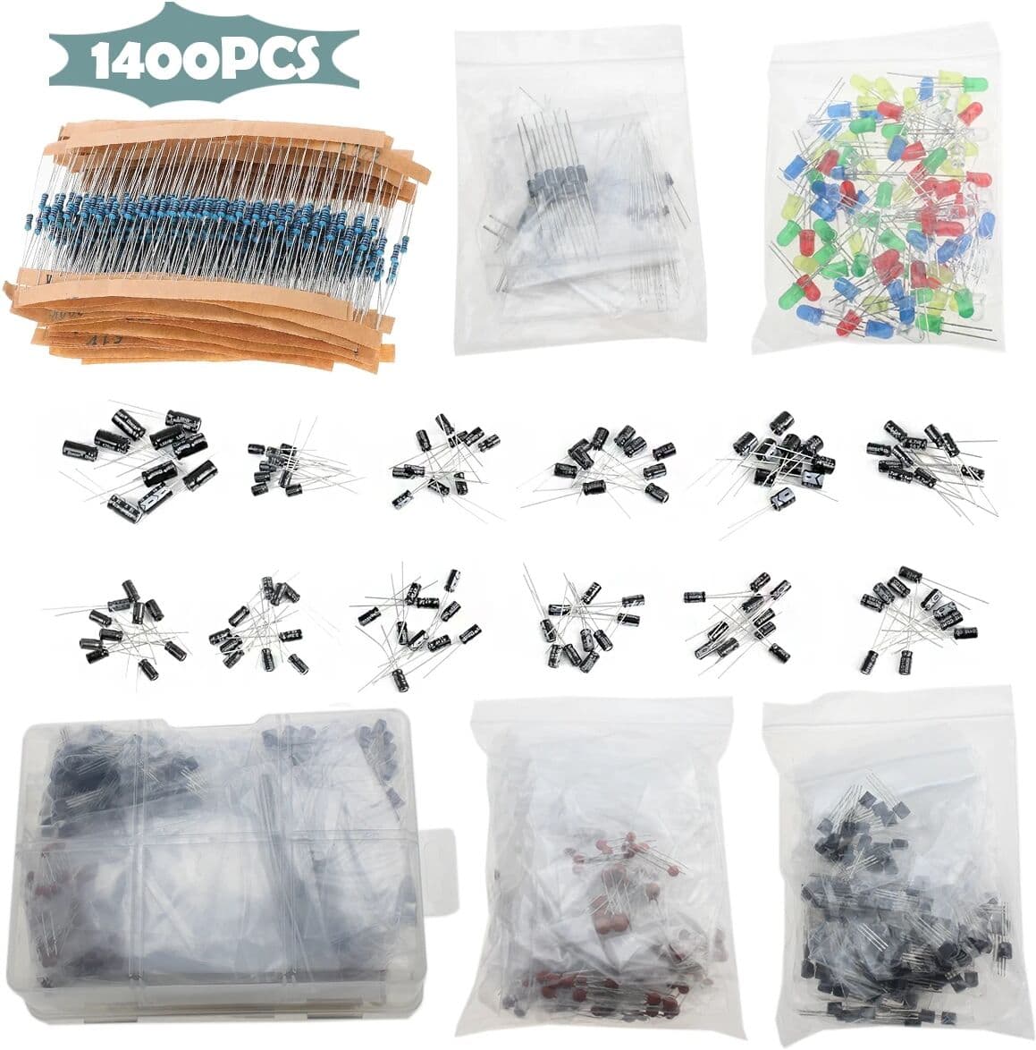 NONE 1400Pcs Electronic Component Box Kit, Metal Film Resistor Transistor Electrolytic Capacitor Ceramic LED Diode DIY Parts
