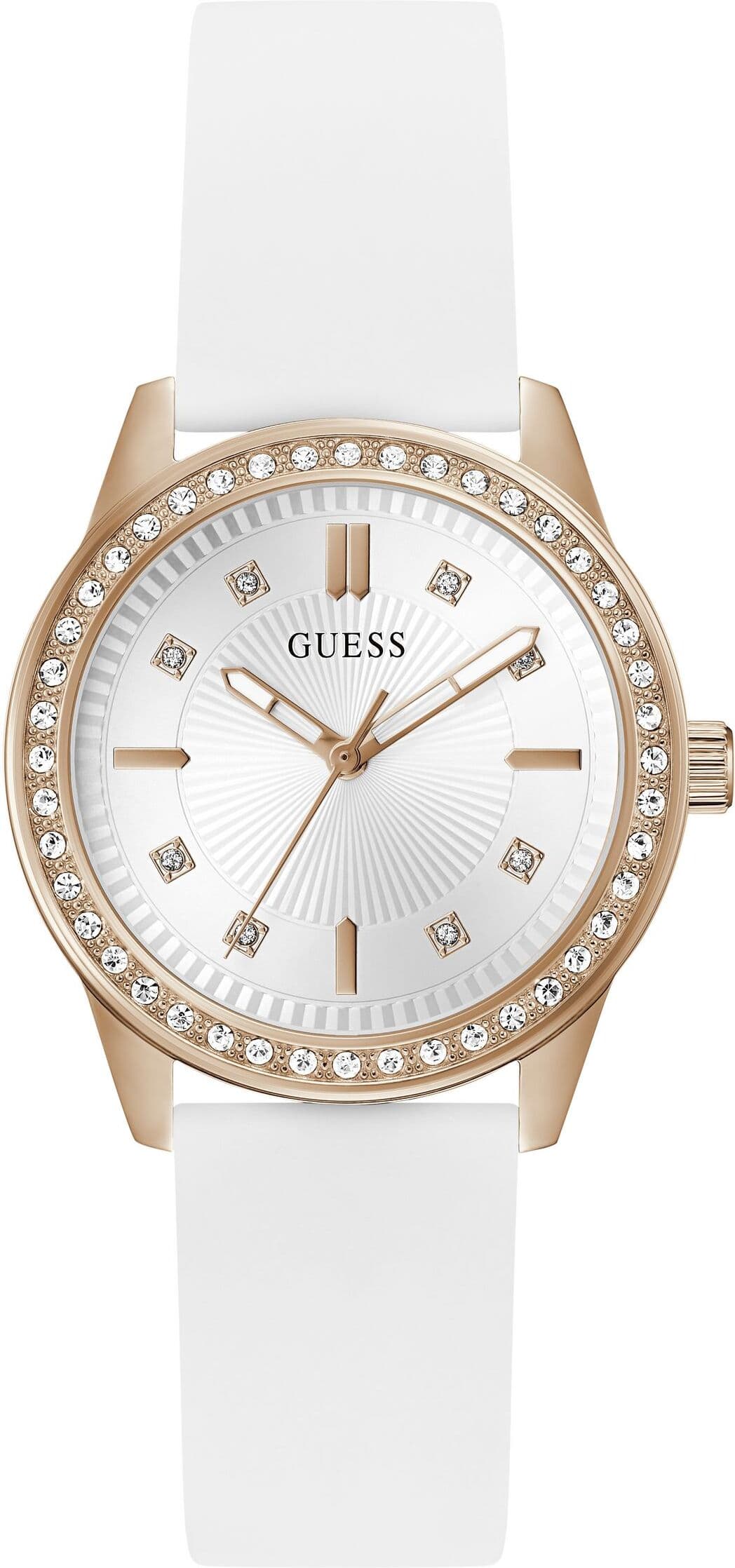 Quarzuhr GUESS "MARGOO", rosa (weiß, roségoldfarben, weiß), Armbanduhren, Damen, rosenholzfarben, Quarzuhr, Armbanduhr, Damenuhr, Silikonarmband, analog