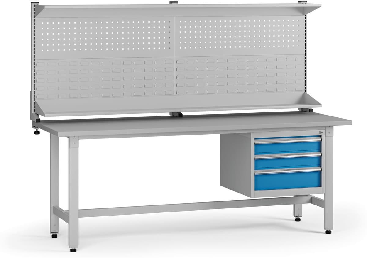 B2B Partner Stół warsztatowy z regulacją wysokości G5 z panelem, 2100 x 750 x 800-1000 mm, 1x kontener, 3x szuflada, niebieski